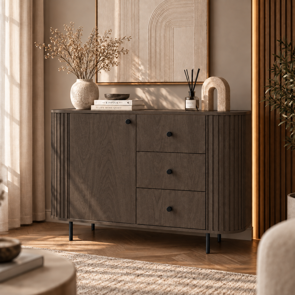 Komoda OVALIO 123cm Dąb Dunin – Ryflowana z Czarnymi Detalami