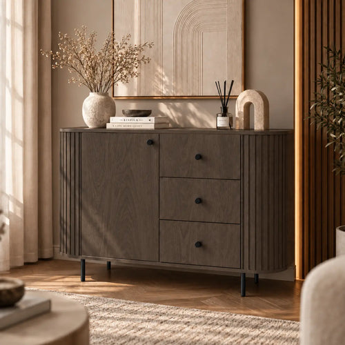 Komoda OVALIO 123cm Dąb Dunin – Ryflowana z Czarnymi Detalami Milo Furniture