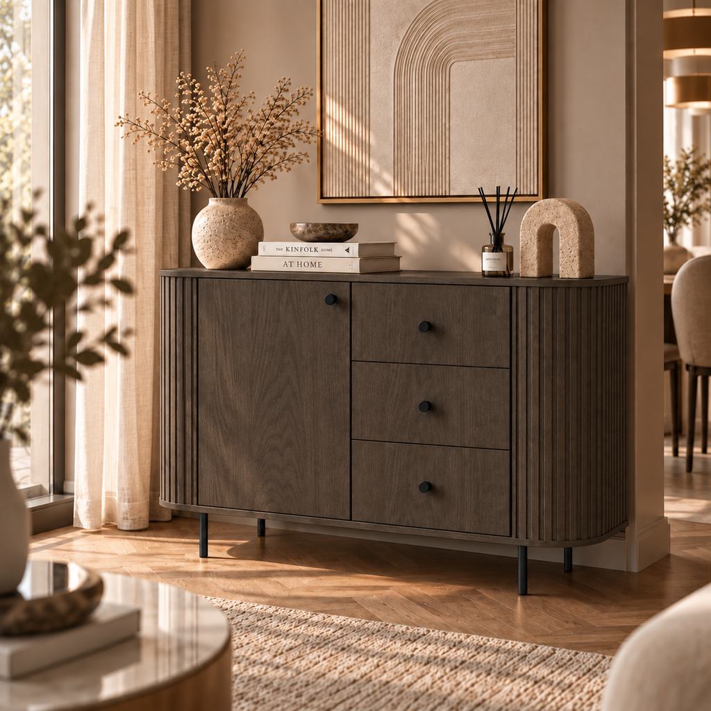 Komoda OVALIO 123cm Dąb Dunin – Ryflowana z Czarnymi Detalami