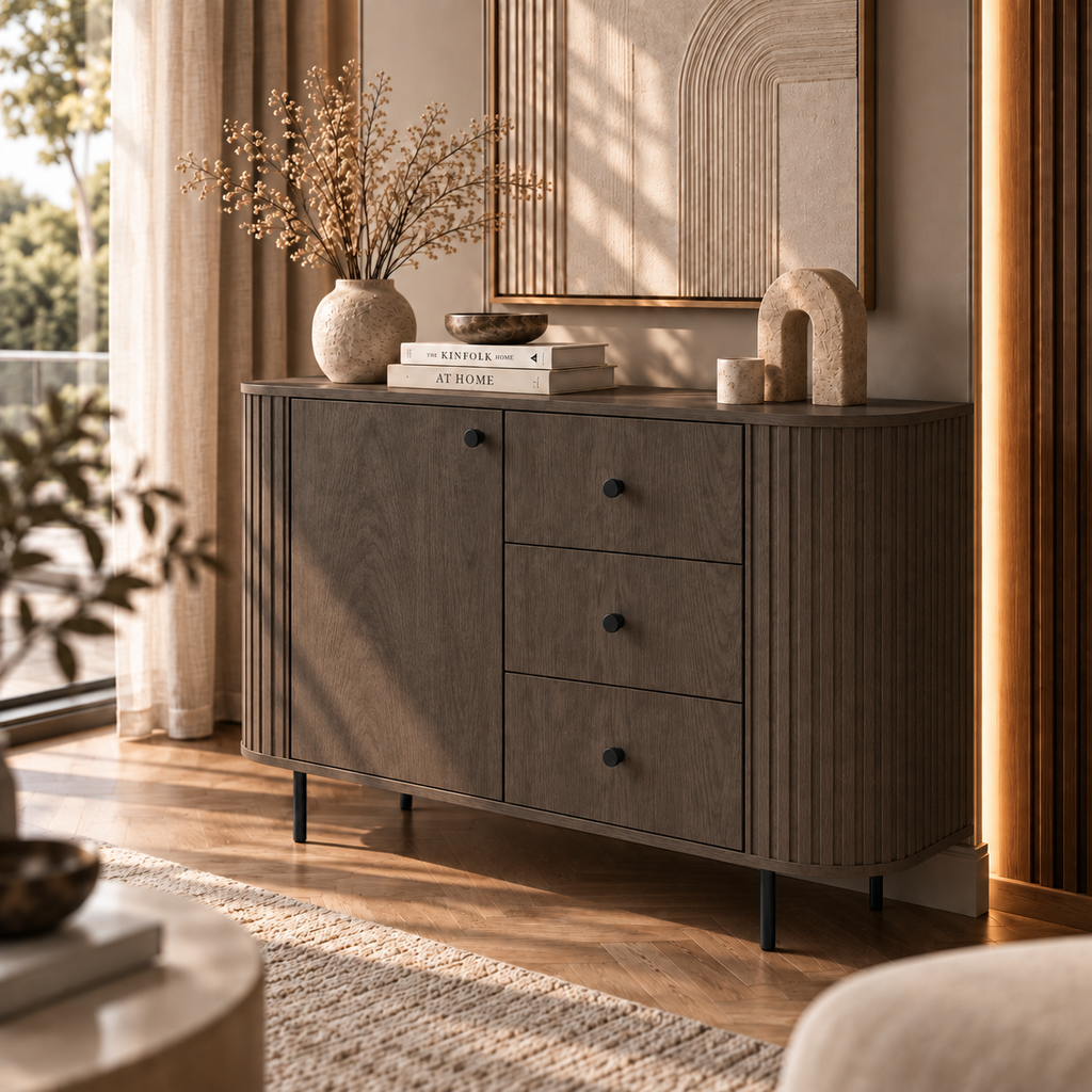 Komoda OVALIO 123cm Dąb Dunin – Ryflowana z Czarnymi Detalami