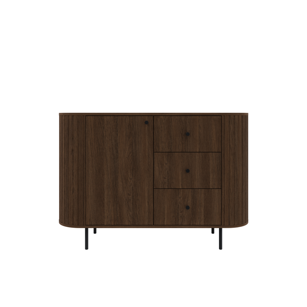 Komoda OVALIO 123cm Dąb Dunin – Ryflowana z Czarnymi Detalami