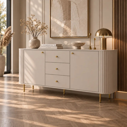 Komoda OVALIO 165cm Beż Piaskowy – Ryflowana ze Złotymi Detalami Milo Furniture