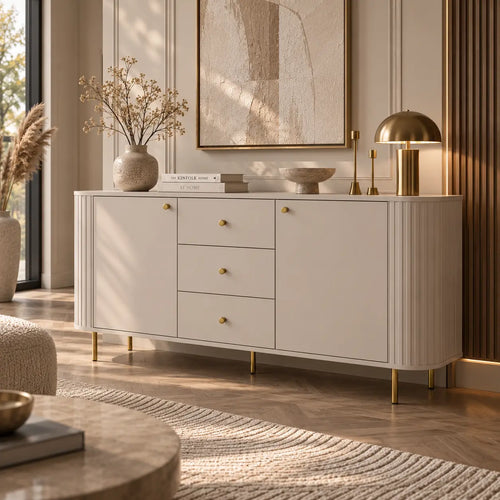 Komoda OVALIO 165cm Beż Piaskowy – Ryflowana ze Złotymi Detalami Milo Furniture