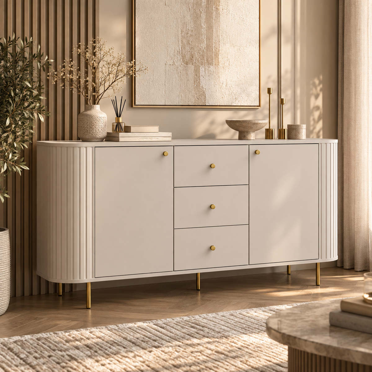 Komoda OVALIO 165cm Beż Piaskowy – Ryflowana ze Złotymi Detalami