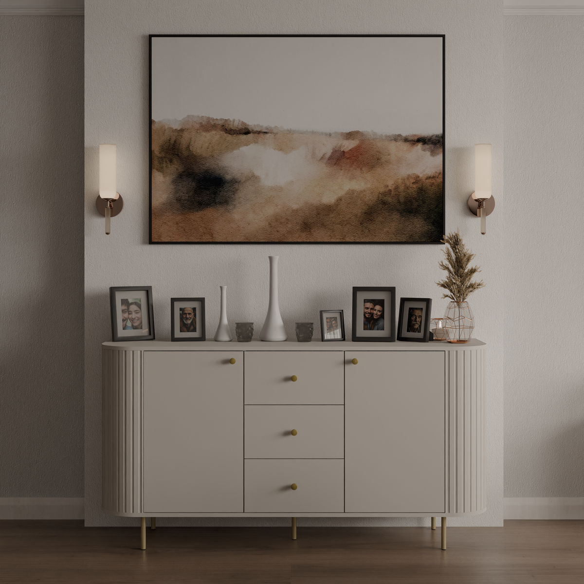 Komoda OVALIO 165cm Beż Piaskowy – Ryflowana ze Złotymi Detalami
