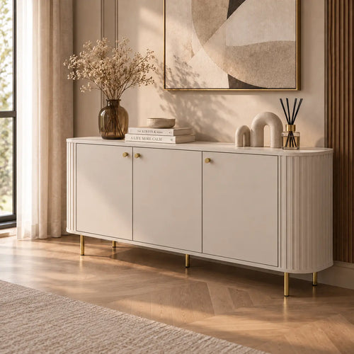 Komoda OVALIO 165cm Beż Piaskowy – Trzydrzwiowa Ryflowana ze Złotymi Detalami Milo Furniture