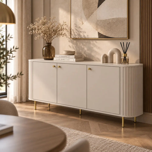 Komoda OVALIO 165cm Beż Piaskowy – Trzydrzwiowa Ryflowana ze Złotymi Detalami Milo Furniture