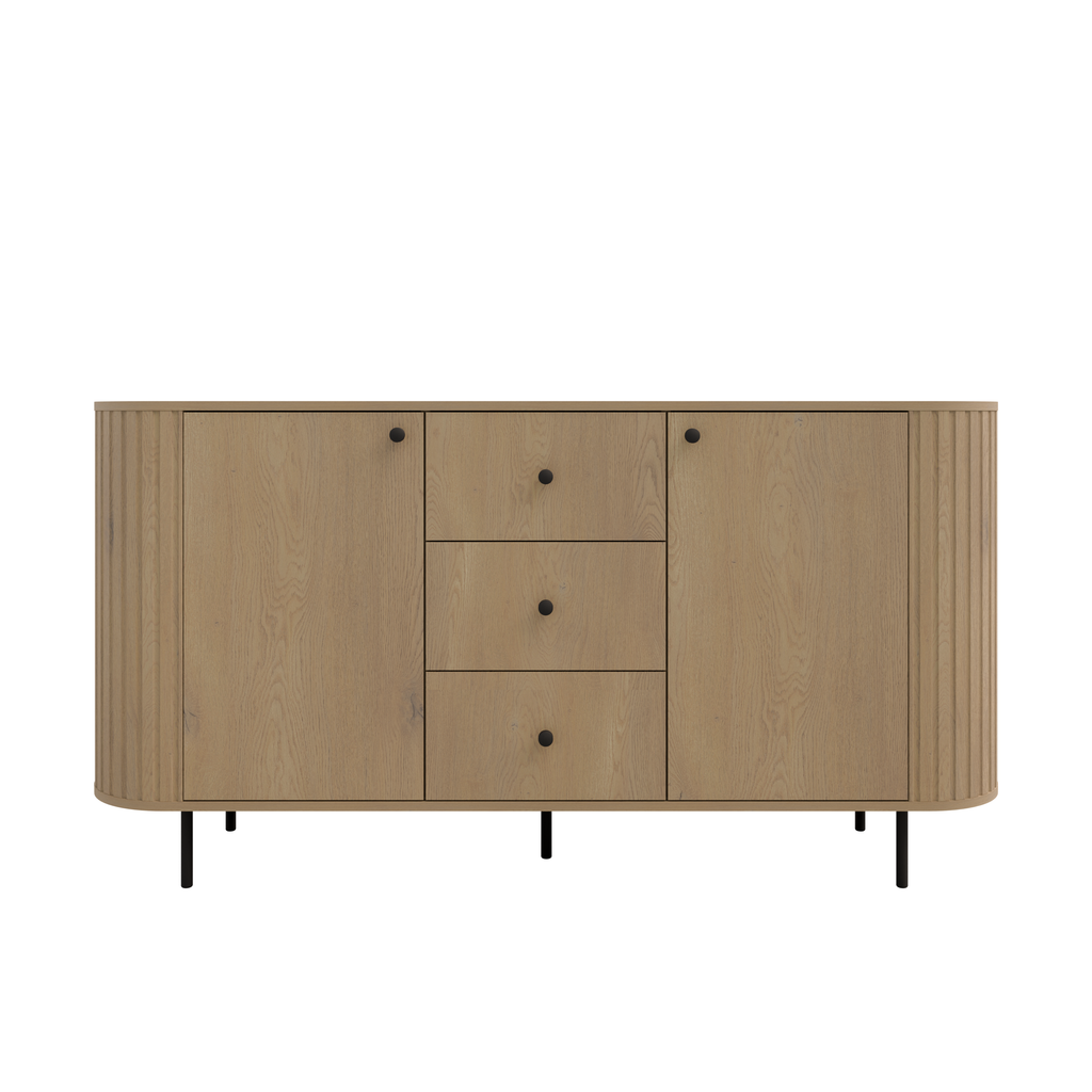 Komoda OVALIO 165cm Dąb Cremona – Ryflowana z Czarnymi Detalami