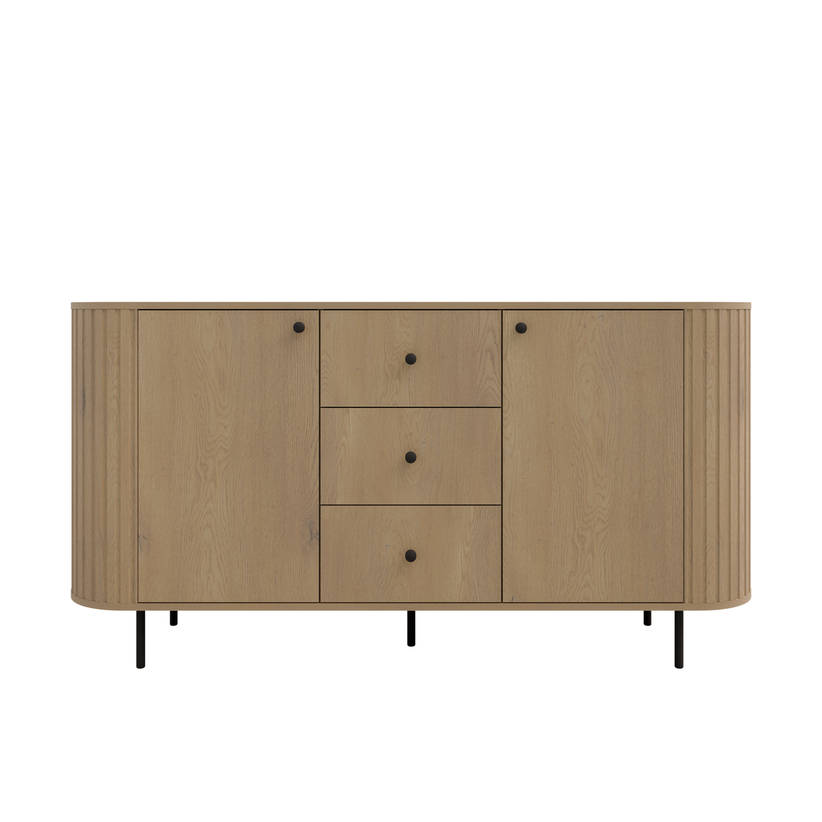 Komoda OVALIO 165cm Dąb Cremona – Ryflowana z Czarnymi Detalami