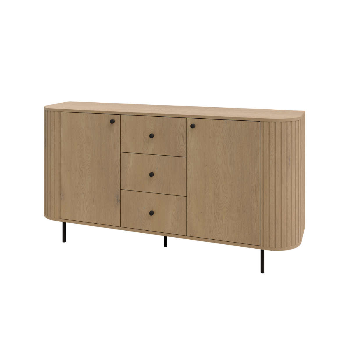 Komoda OVALIO 165cm Dąb Cremona – Ryflowana z Czarnymi Detalami