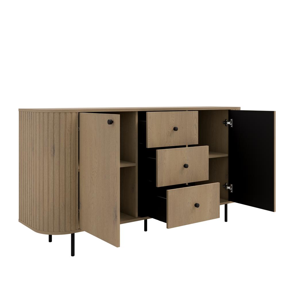 Komoda OVALIO 165cm Dąb Cremona – Ryflowana z Czarnymi Detalami