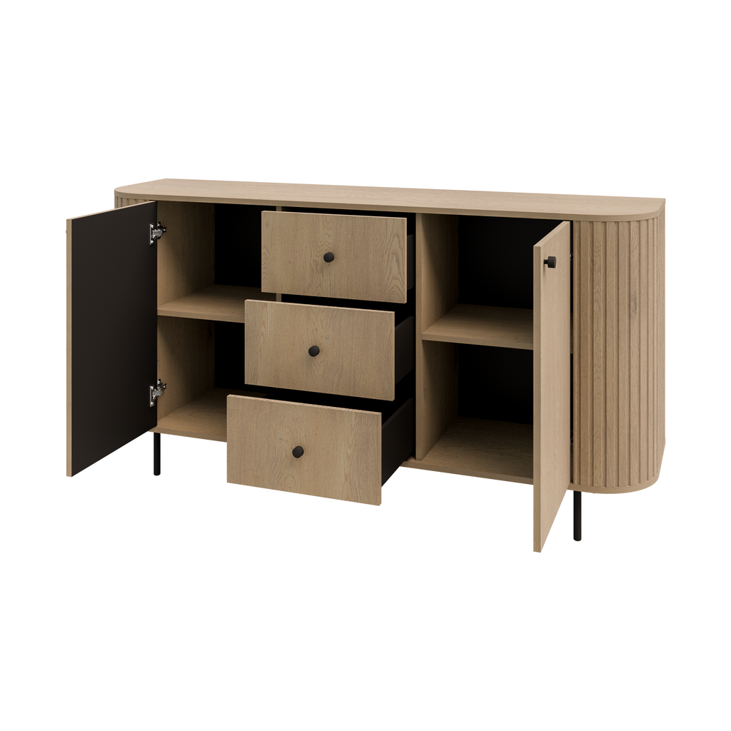 Komoda OVALIO 165cm Dąb Cremona – Ryflowana z Czarnymi Detalami