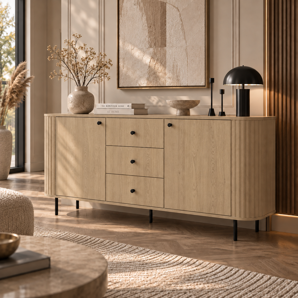 Komoda OVALIO 165cm Dąb Cremona – Ryflowana z Czarnymi Detalami