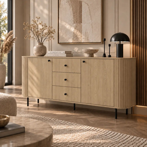 Komoda OVALIO 165cm Dąb Cremona – Ryflowana z Czarnymi Detalami Milo Furniture