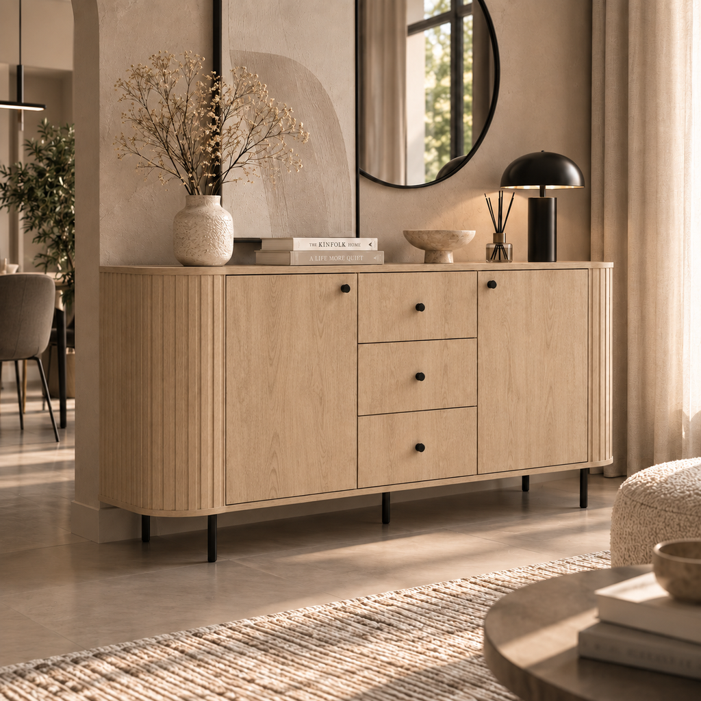 Komoda OVALIO 165cm Dąb Cremona – Ryflowana z Czarnymi Detalami