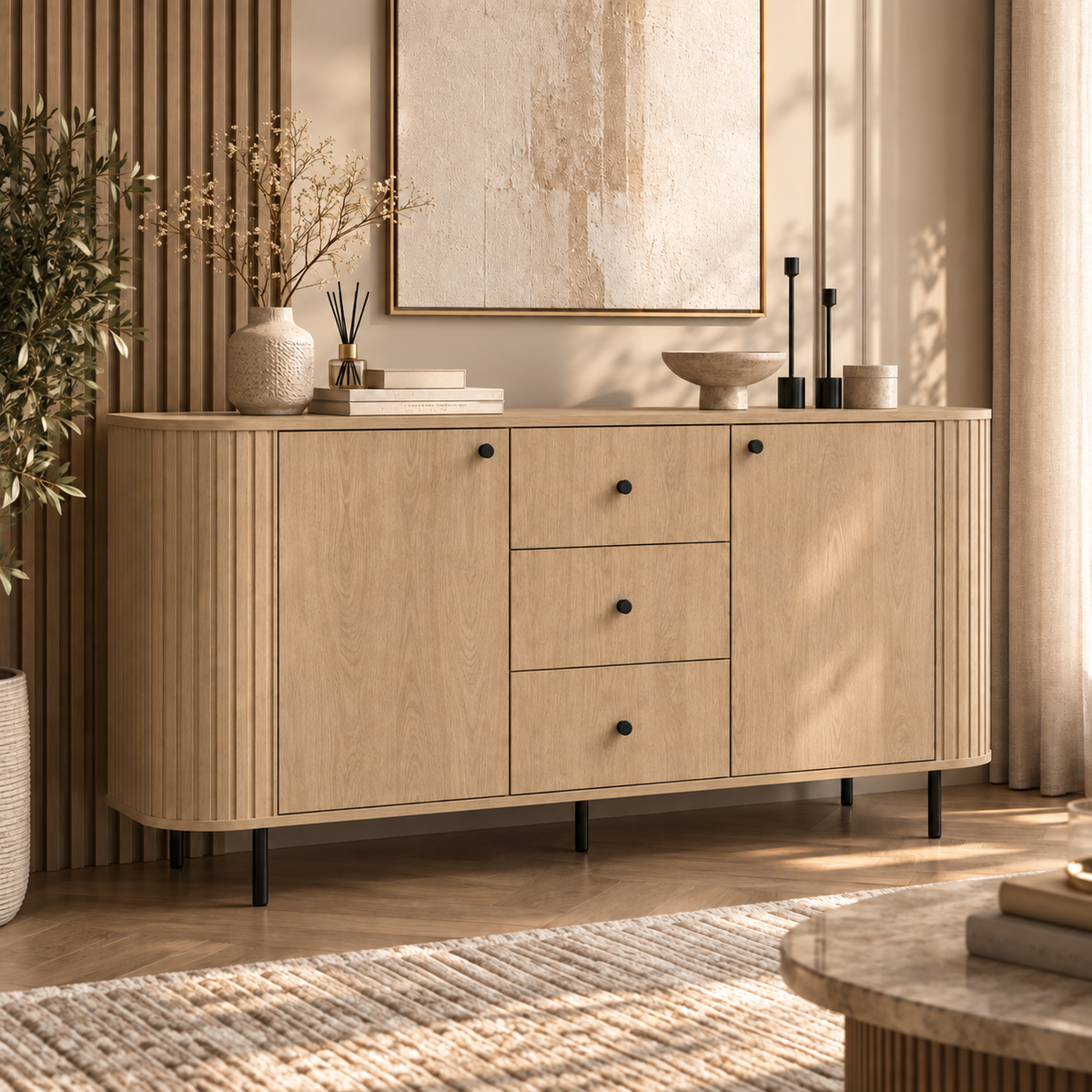 Komoda OVALIO 165cm Dąb Cremona – Ryflowana z Czarnymi Detalami