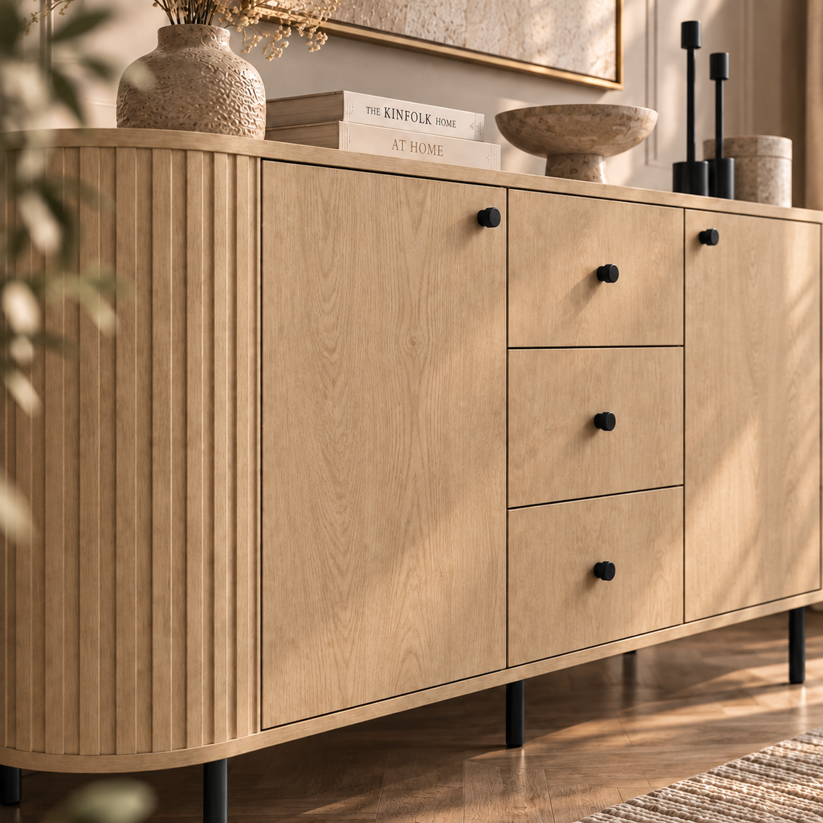 Komoda OVALIO 165cm Dąb Cremona – Ryflowana z Czarnymi Detalami