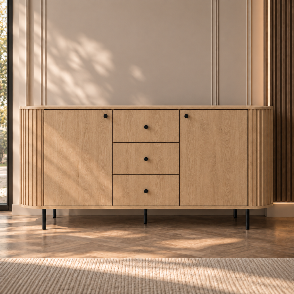 Komoda OVALIO 165cm Dąb Cremona – Ryflowana z Czarnymi Detalami