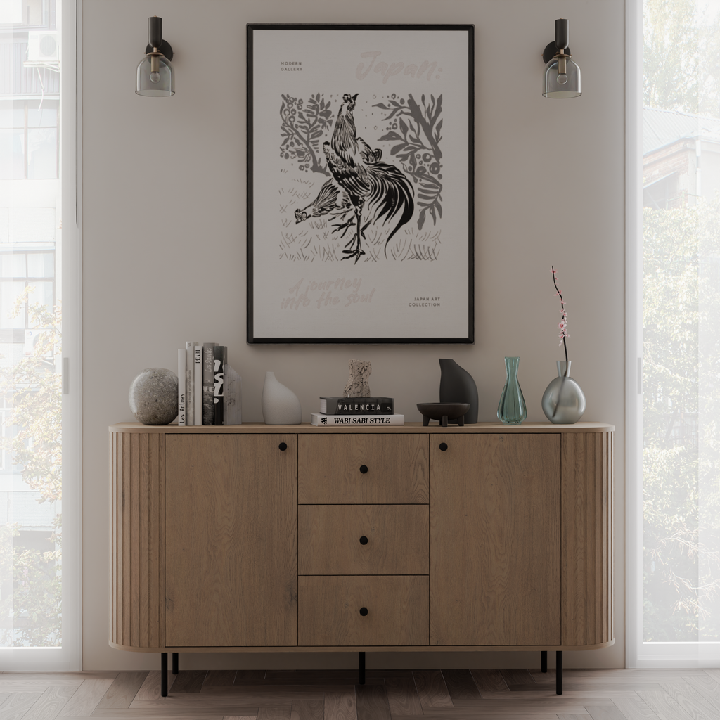 Komoda OVALIO 165cm Dąb Cremona – Ryflowana z Czarnymi Detalami