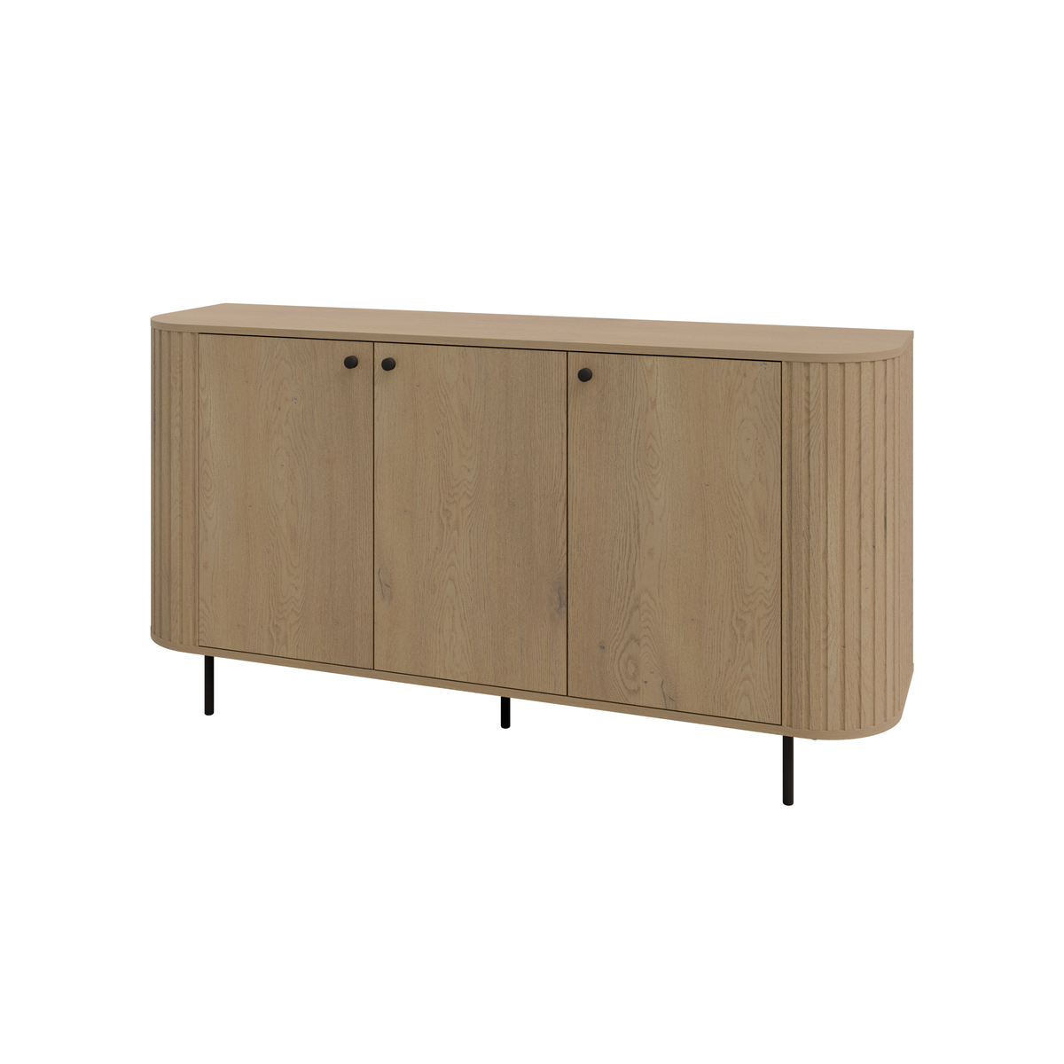 Komoda OVALIO 165cm Dąb Cremona – Trzydrzwiowa Ryflowana z Czarnymi Detalami
