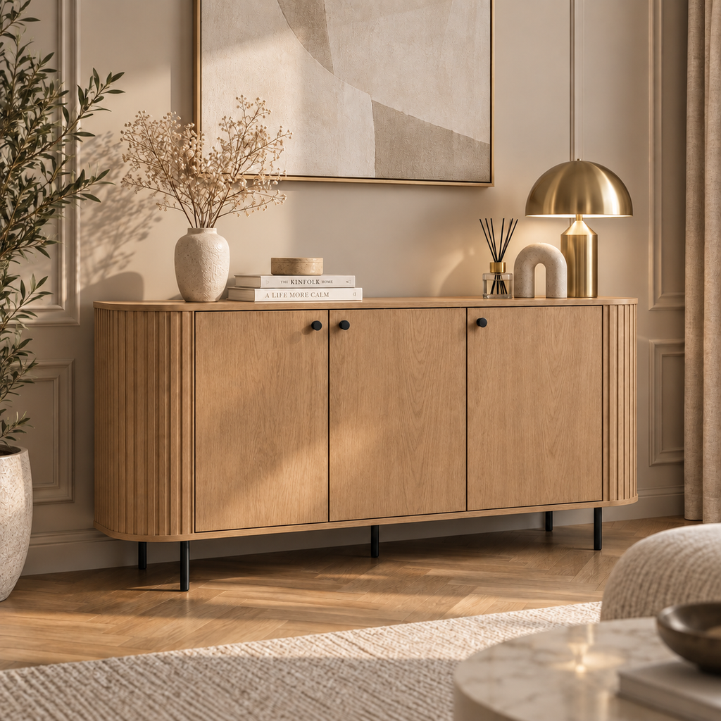 Komoda OVALIO 165cm Dąb Cremona – Trzydrzwiowa Ryflowana z Czarnymi Detalami
