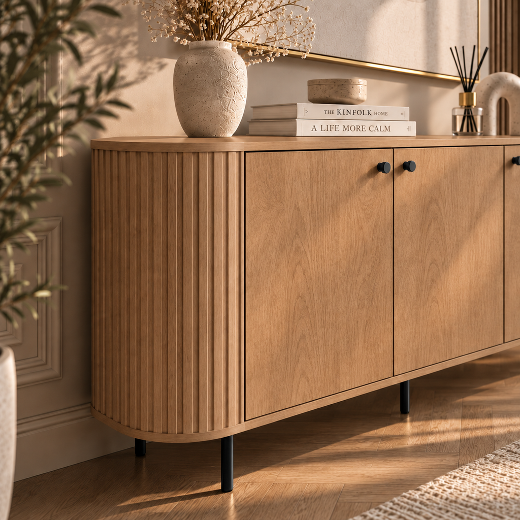 Komoda OVALIO 165cm Dąb Cremona – Trzydrzwiowa Ryflowana z Czarnymi Detalami