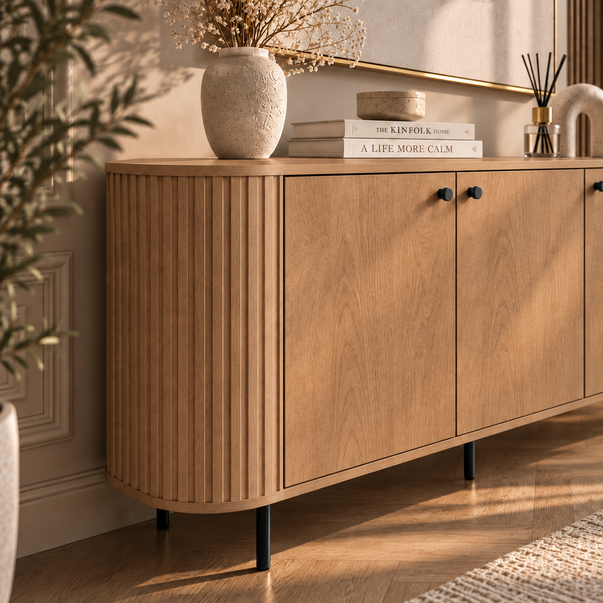 Komoda OVALIO 165cm Dąb Cremona – Trzydrzwiowa Ryflowana z Czarnymi Detalami