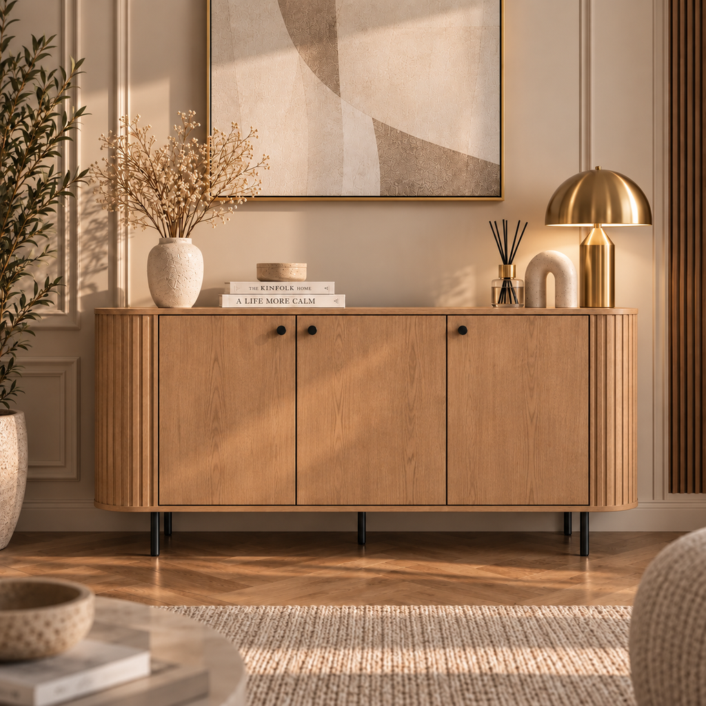 Komoda OVALIO 165cm Dąb Cremona – Trzydrzwiowa Ryflowana z Czarnymi Detalami
