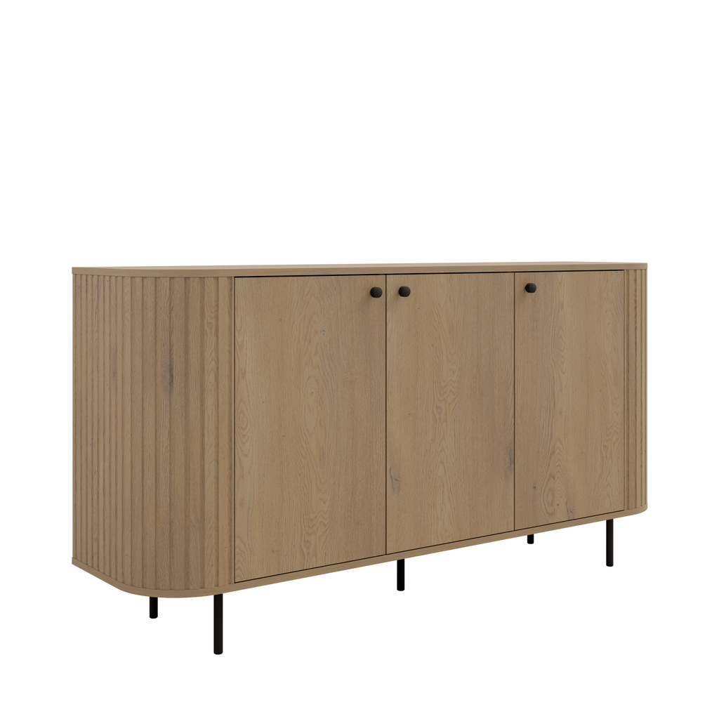 Komoda OVALIO 165cm Dąb Cremona – Trzydrzwiowa Ryflowana z Czarnymi Detalami