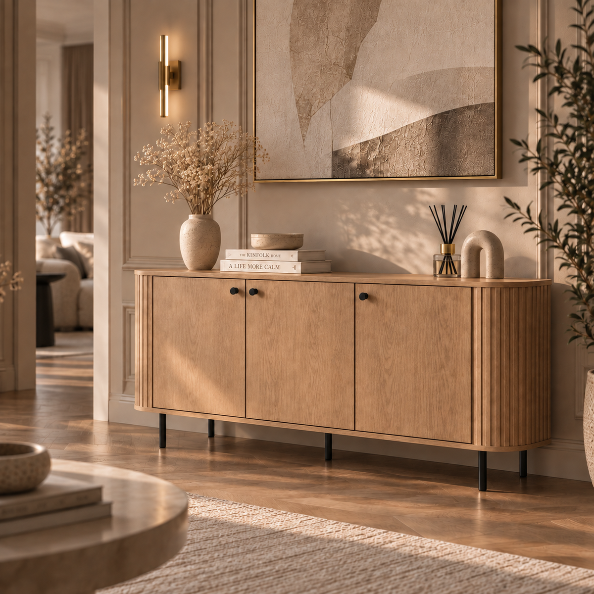 Komoda OVALIO 165cm Dąb Cremona – Trzydrzwiowa Ryflowana z Czarnymi Detalami