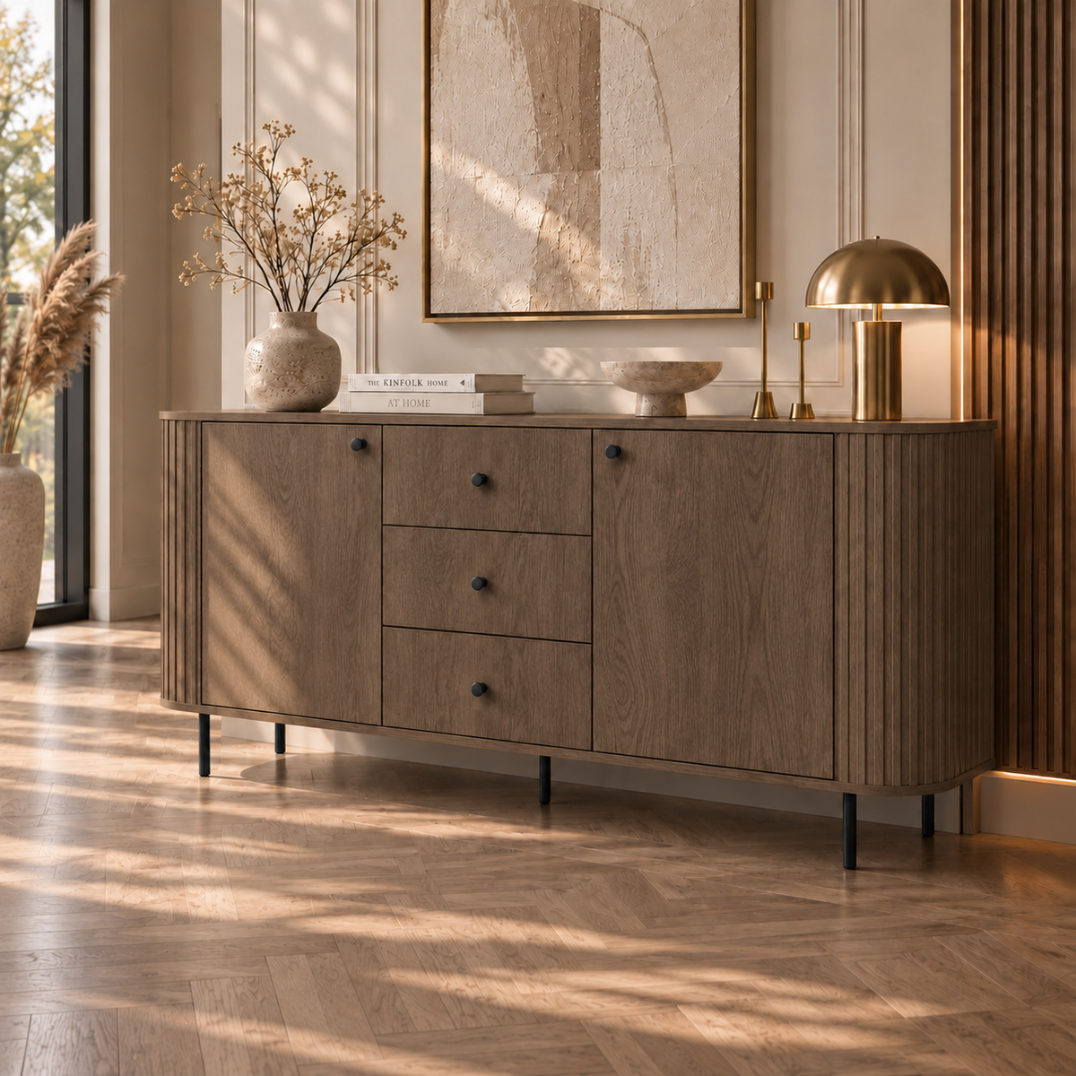 Komoda OVALIO 165cm Dąb Dunin – Ryflowana z Czarnymi Detalami