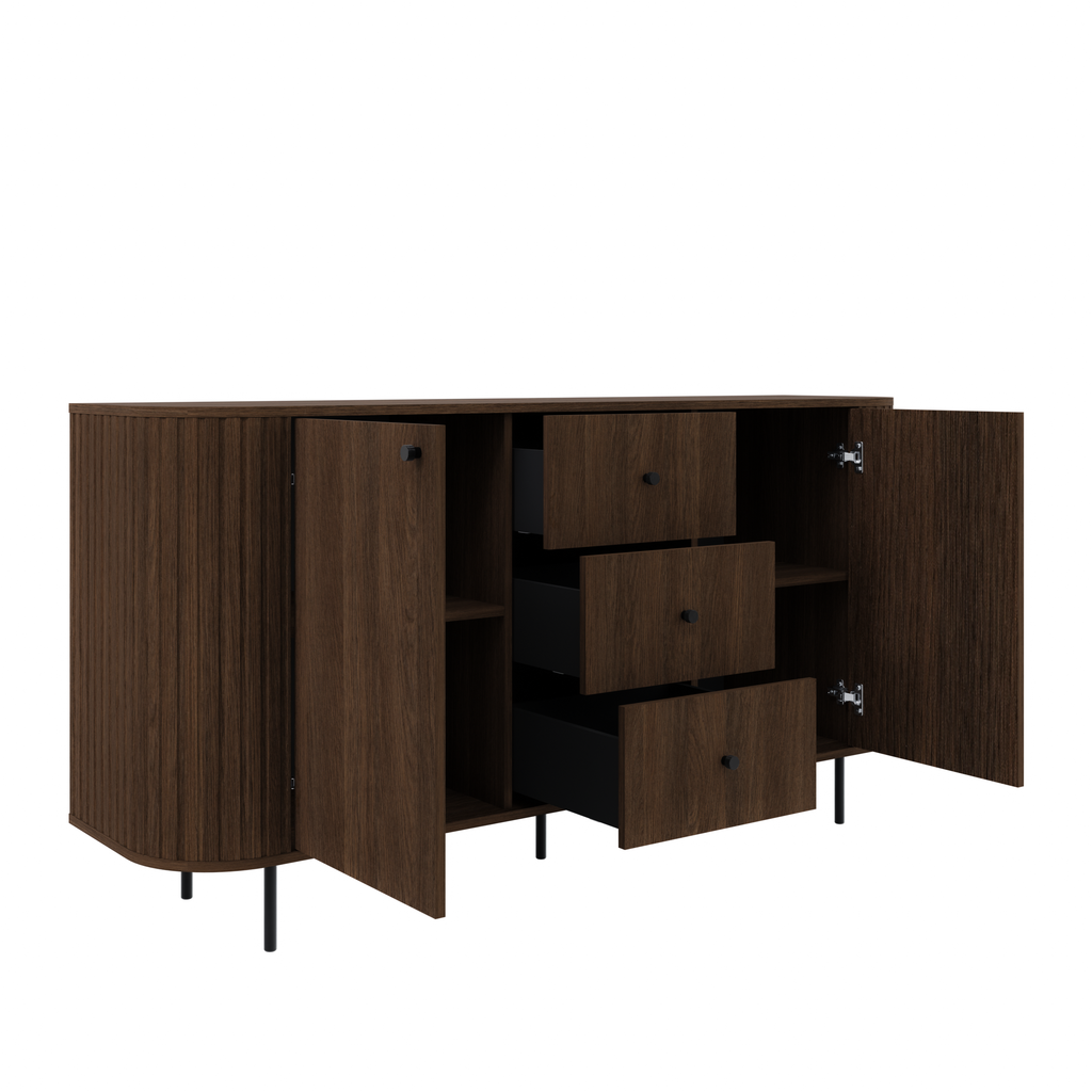Komoda OVALIO 165cm Dąb Dunin – Ryflowana z Czarnymi Detalami