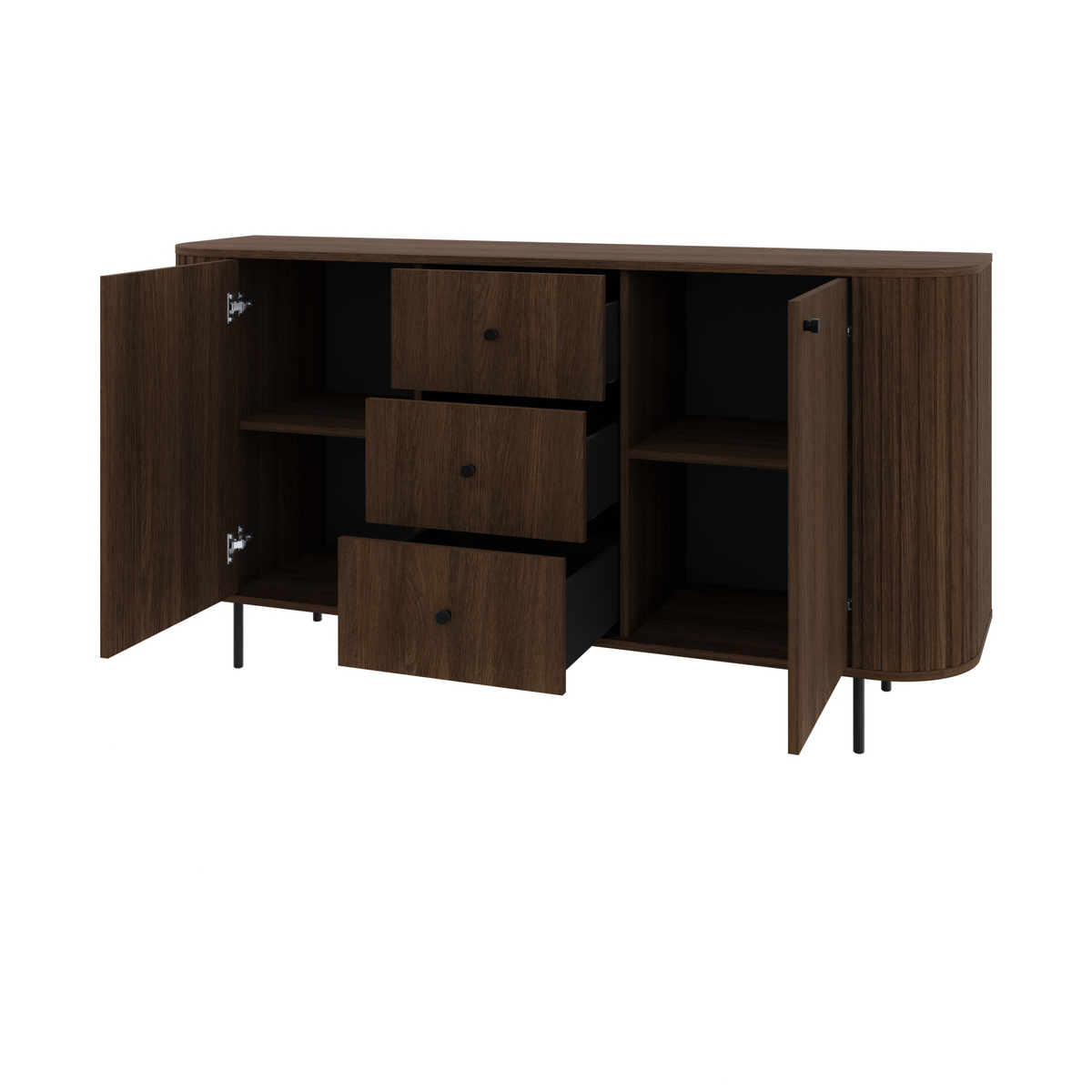 Komoda OVALIO 165cm Dąb Dunin – Ryflowana z Czarnymi Detalami