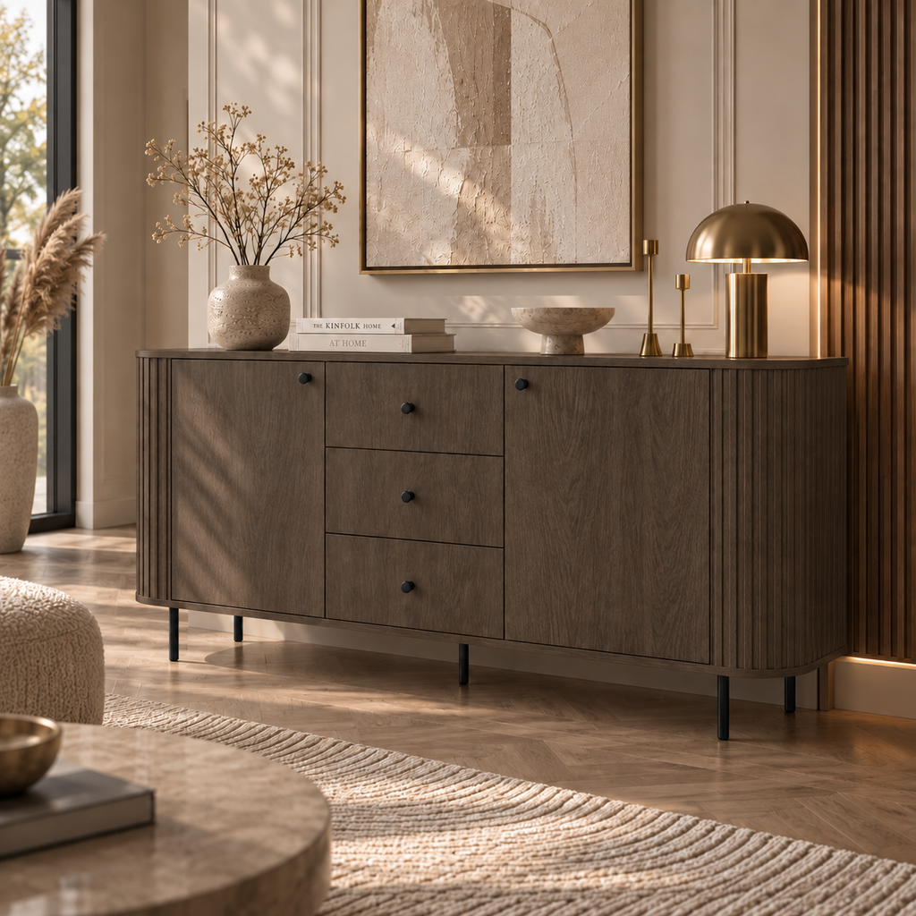 Komoda OVALIO 165cm Dąb Dunin – Ryflowana z Czarnymi Detalami