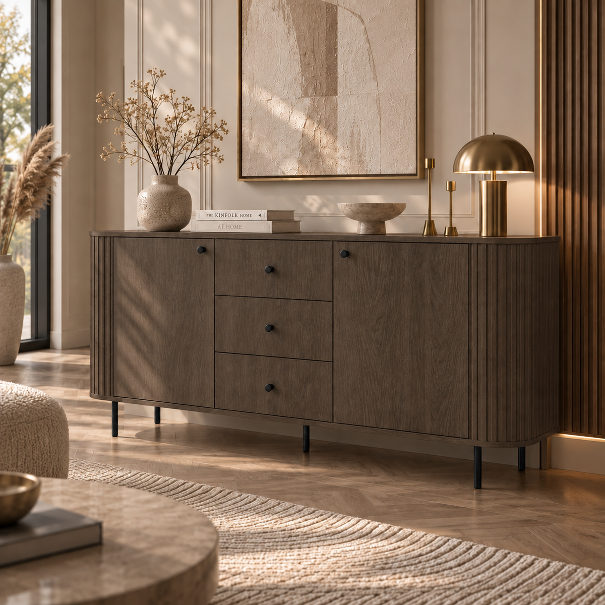 Komoda OVALIO 165cm Dąb Dunin – Ryflowana z Czarnymi Detalami
