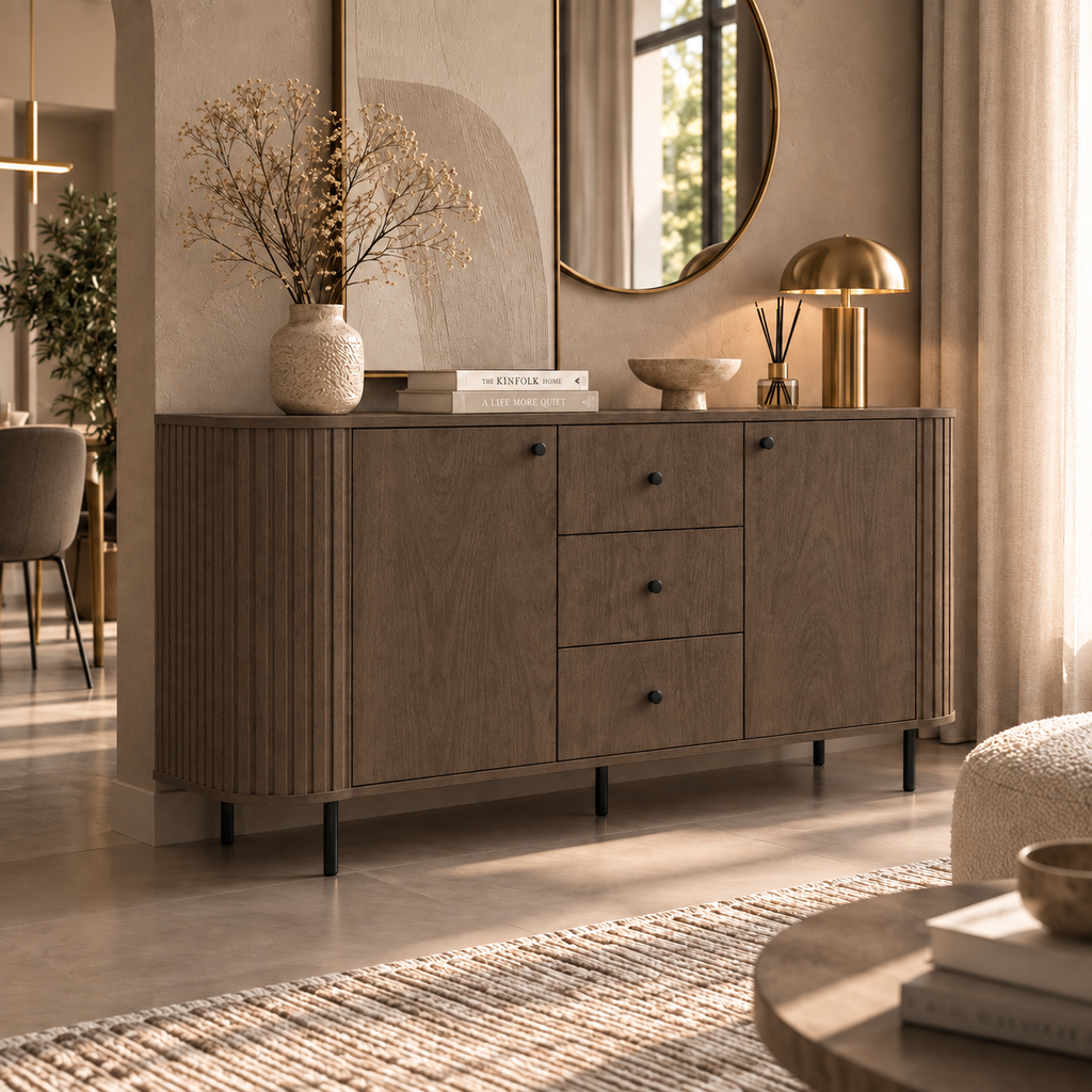 Komoda OVALIO 165cm Dąb Dunin – Ryflowana z Czarnymi Detalami