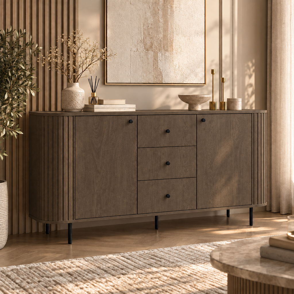Komoda OVALIO 165cm Dąb Dunin – Ryflowana z Czarnymi Detalami