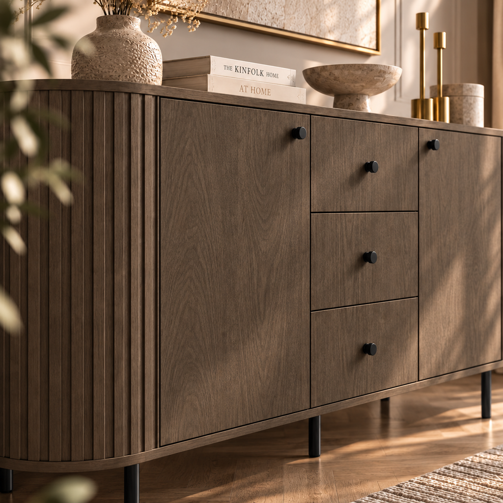 Komoda OVALIO 165cm Dąb Dunin – Ryflowana z Czarnymi Detalami