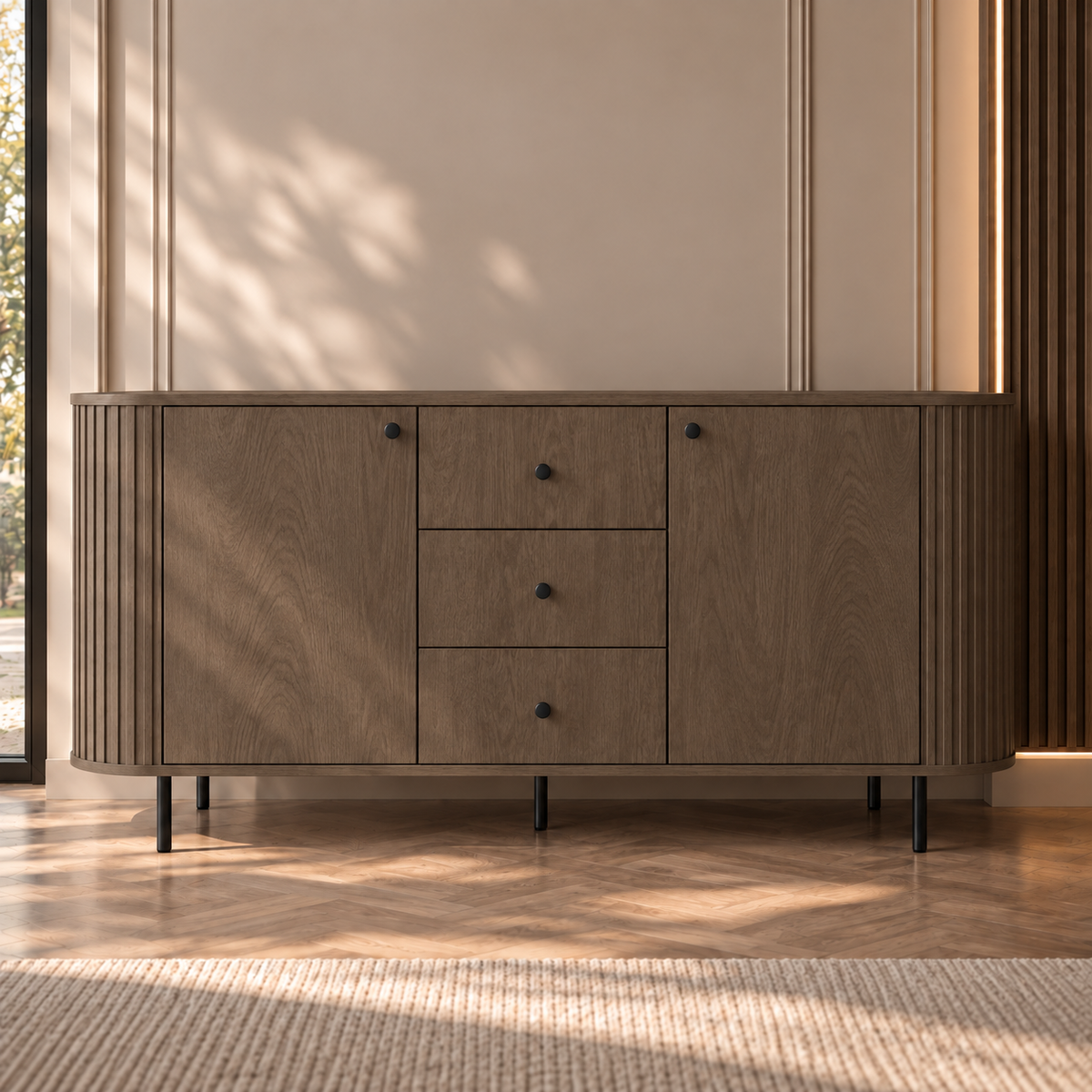 Komoda OVALIO 165cm Dąb Dunin – Ryflowana z Czarnymi Detalami