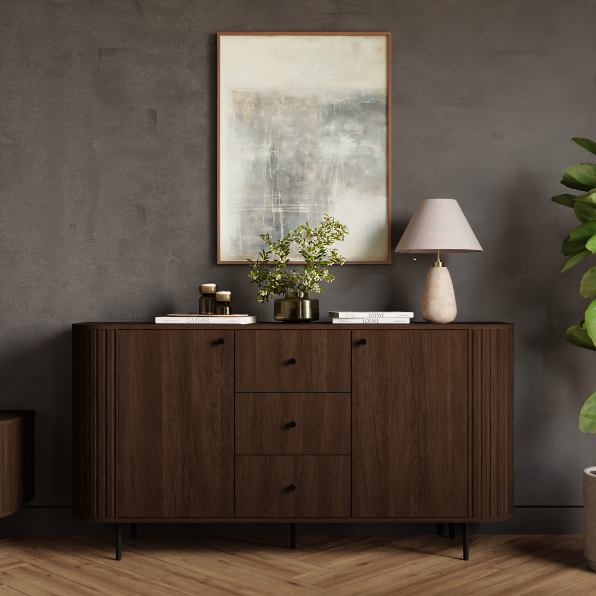 Komoda OVALIO 165cm Dąb Dunin – Ryflowana z Czarnymi Detalami