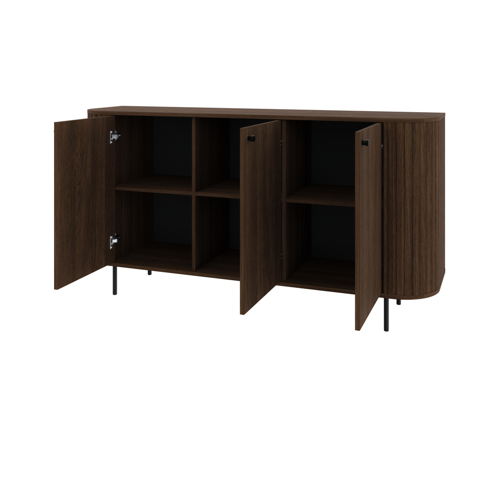 Komoda OVALIO 165cm Dąb Dunin – Trzydrzwiowa Ryflowana z Czarnymi Detalami