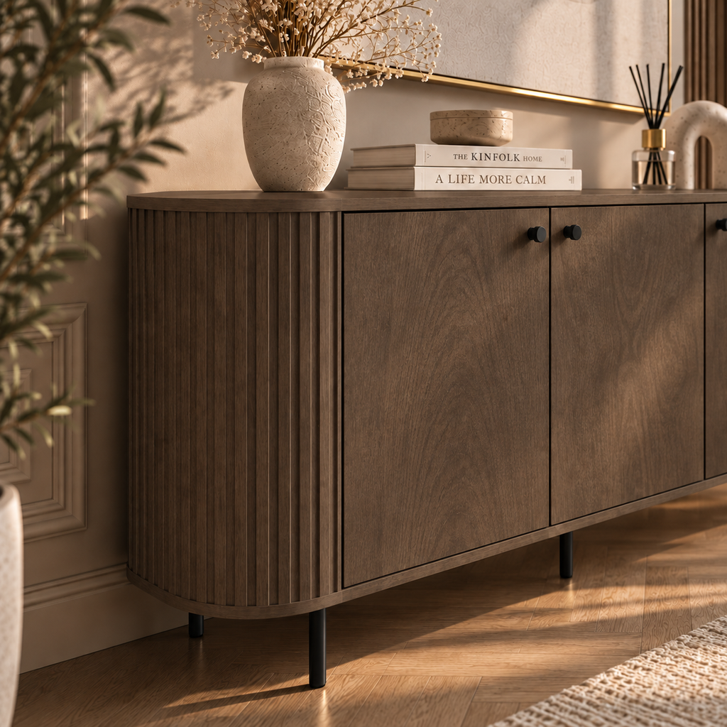 Komoda OVALIO 165cm Dąb Dunin – Trzydrzwiowa Ryflowana z Czarnymi Detalami