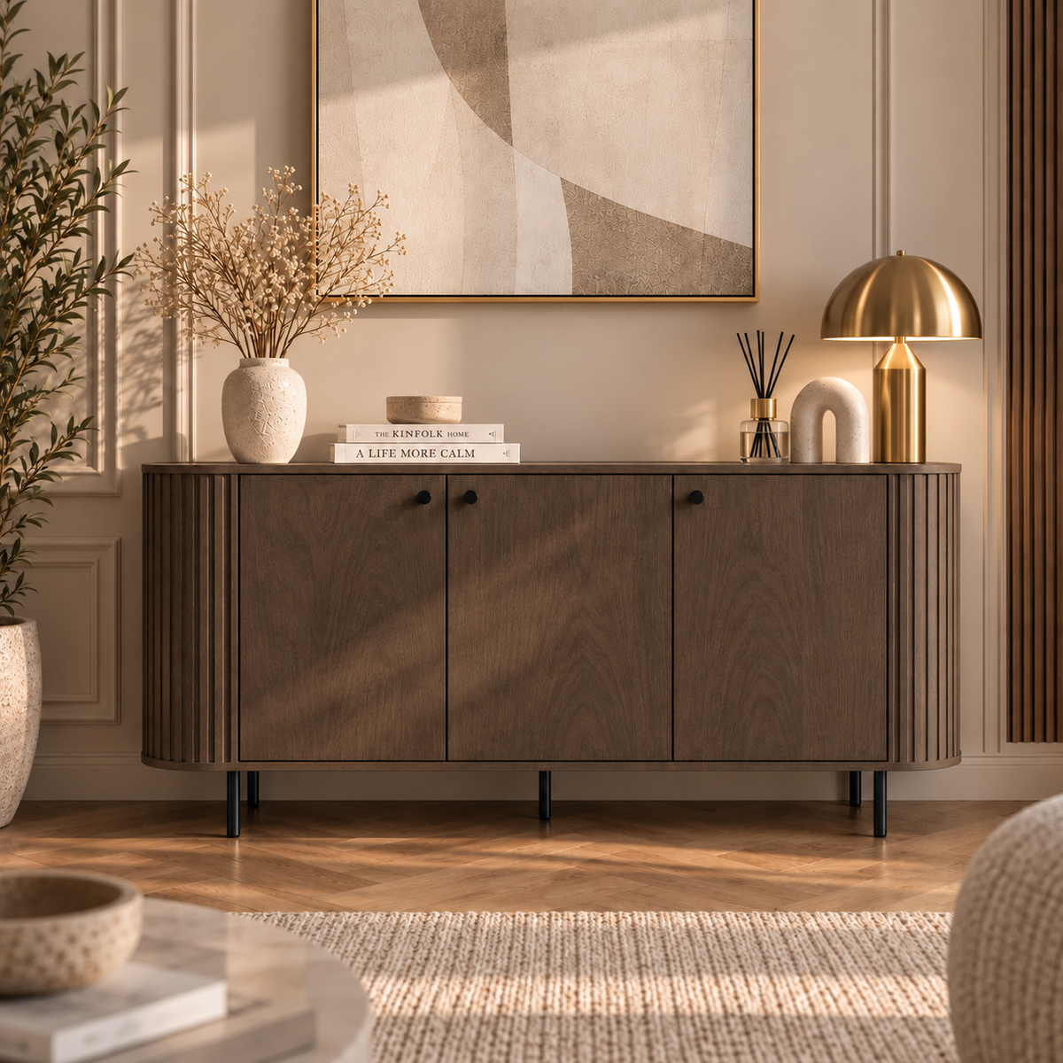 Komoda OVALIO 165cm Dąb Dunin – Trzydrzwiowa Ryflowana z Czarnymi Detalami