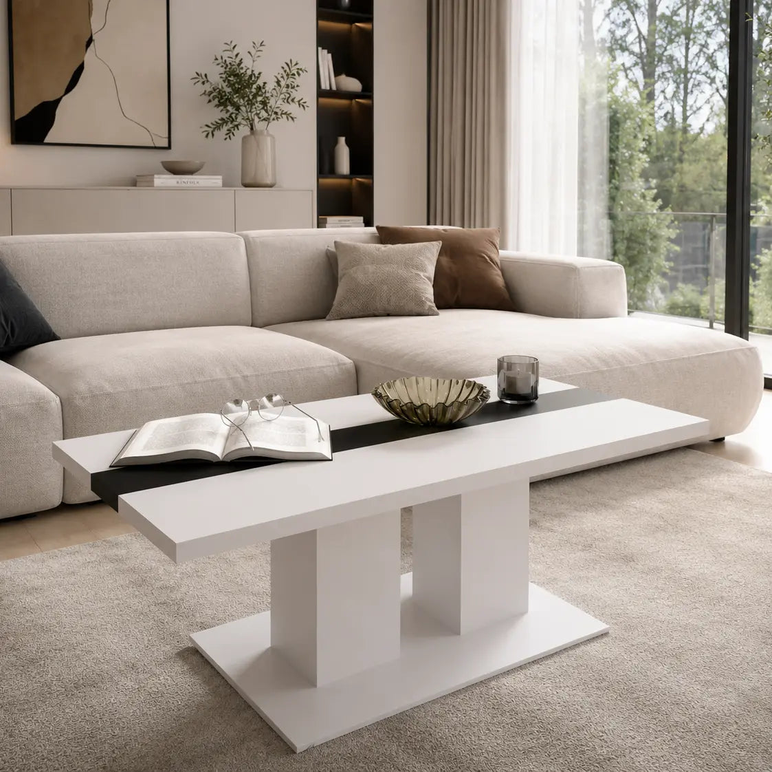 Ława Boston 110x60 cm Biała z Czarnym Akcentem Nowoczesna Ława do Salonu Milo Furniture