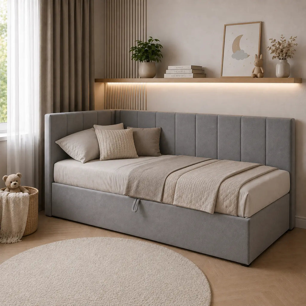 Łóżko Dziecięce BULI – Tapicerowane z Materacem i Pojemnikiem Milo Furniture
