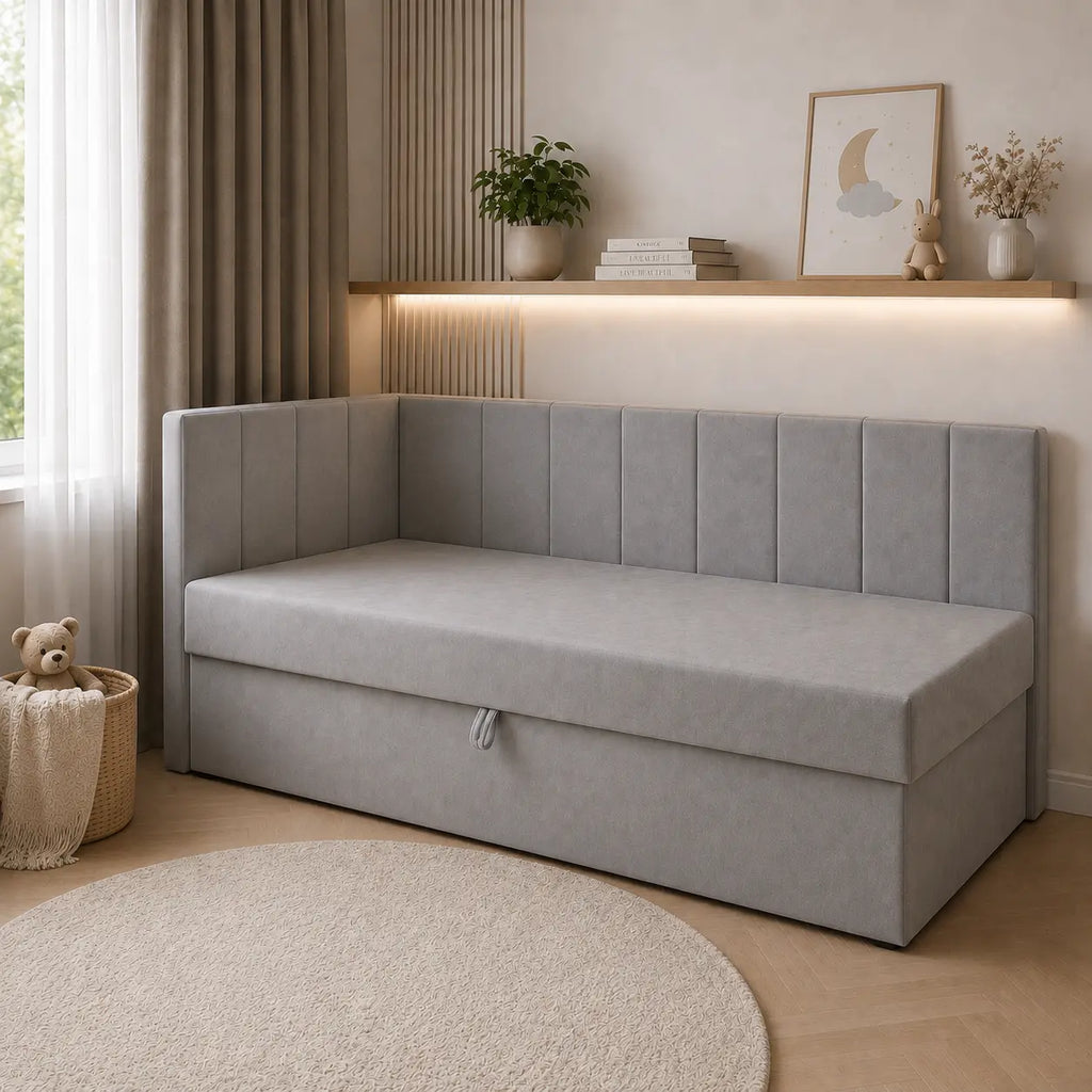 Łóżko Dziecięce BULI – Tapicerowane z Materacem i Pojemnikiem Milo Furniture