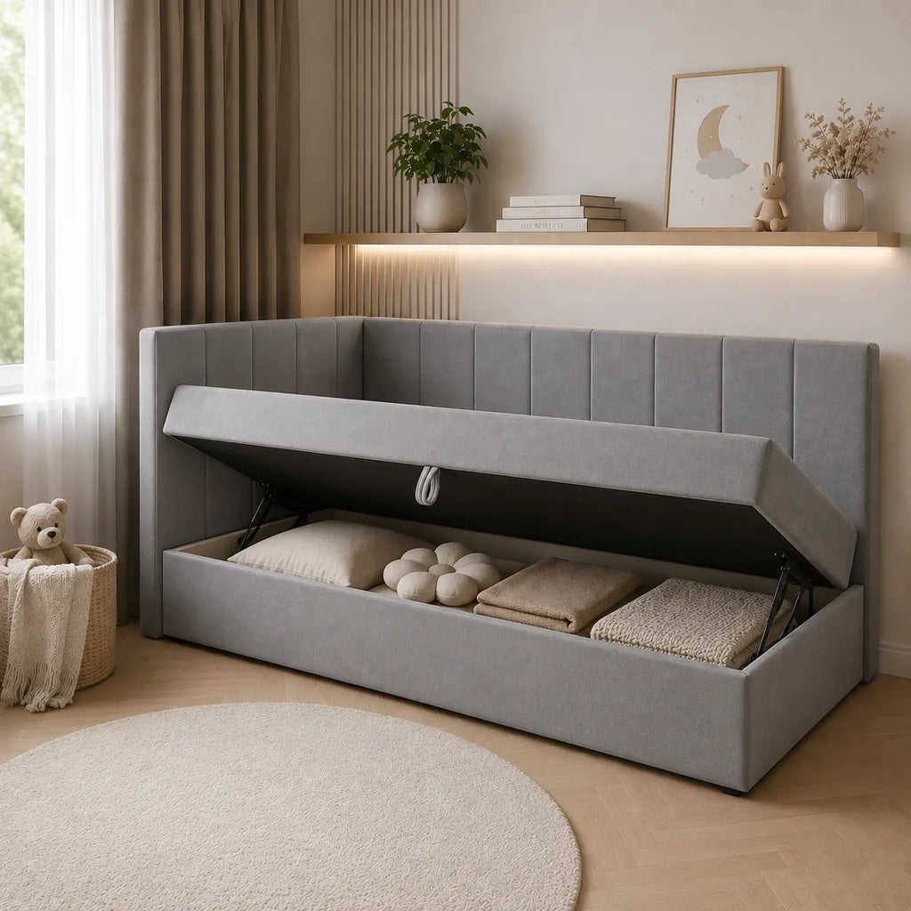 Łóżko Dziecięce BULI – Tapicerowane z Materacem i Pojemnikiem Milo Furniture