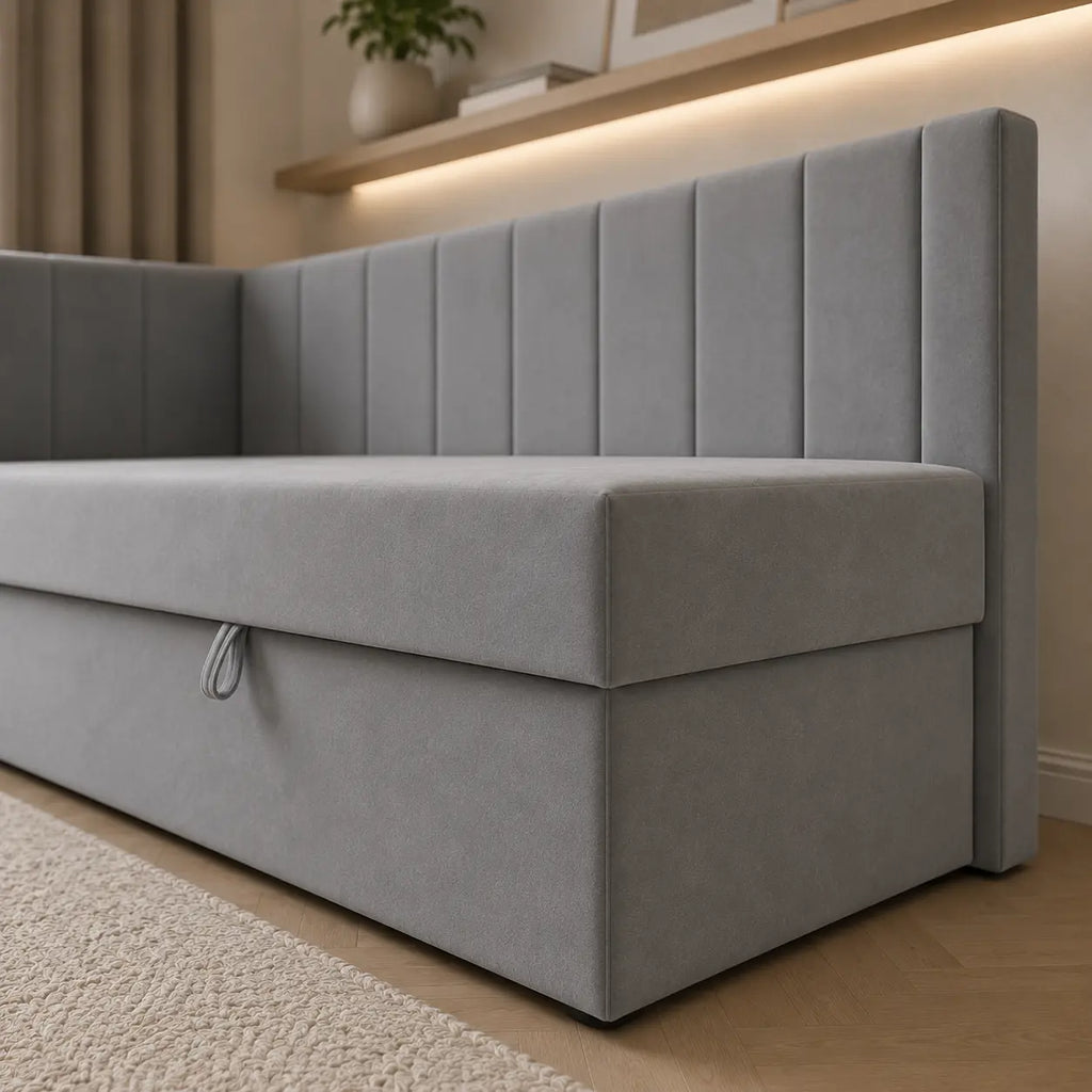 Łóżko Dziecięce BULI – Tapicerowane z Materacem i Pojemnikiem Milo Furniture