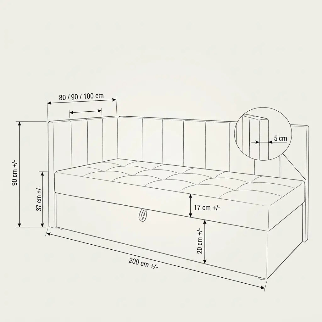 Łóżko Dziecięce BULI – Tapicerowane z Materacem i Pojemnikiem Milo Furniture