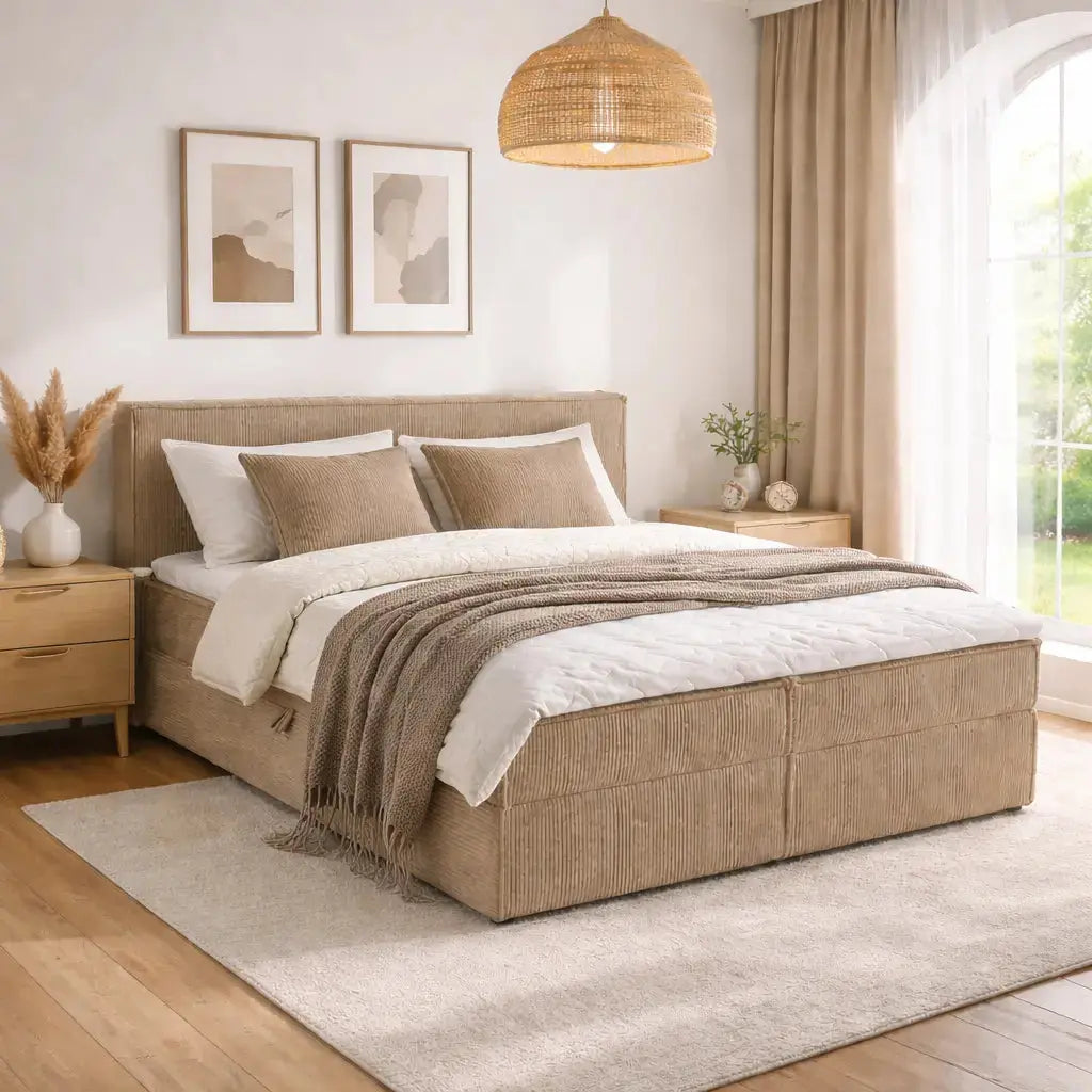 Łóżko Tapicerowane NELI z Pojemnikiem 120–200x200 POSO + Materac Nowoczesne Komfortowe Milo Furniture 